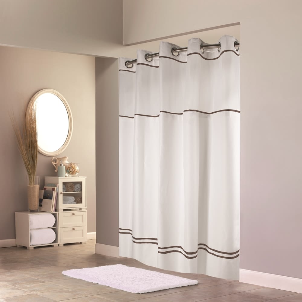 Hookless® Escape Shower Curtain with Snap-in Liner, Polyester, 71"x74", White/Brown Stripe